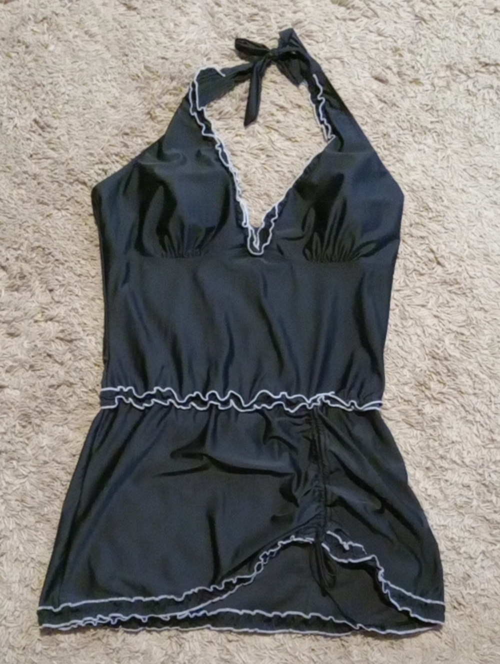 Black Halter Swimdress with White Ruffle Trim. Top Only